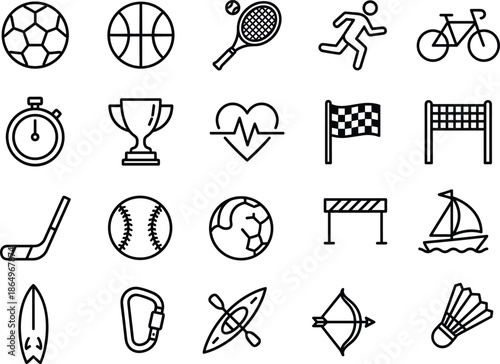 Black and white sports and fitness icons set, vector illustration for physical activities, competition, health, and recreation.