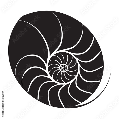 Vector illustration of a spiral nautilus shell featuring an abstract fractal pattern design of a sea mollusk fossil in a macro nature ocean background
