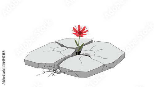 Resilient red flower with delicate petals bravely pushing through jagged cracks in a formation of hexagonal grey stones, symbolizing strength.