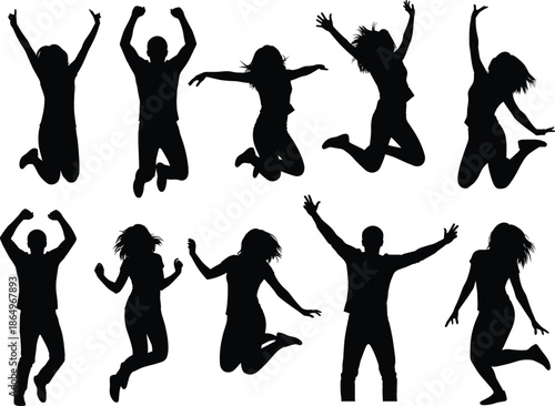 Happy people jumping silhouette collection featuring various man and woman poses celebrating success with raised arms and excitement for flat vector design.