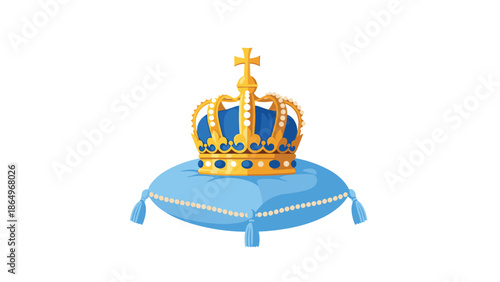 Magnificent golden crown intricately adorned with jewels, gracefully resting on a soft, plush blue cushion, symbolizing royal splendor.