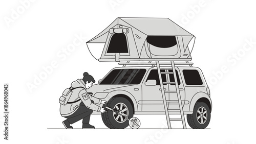Person Changing Tire On Off Road Vehicle With Rooftop Tent Adventure Ready