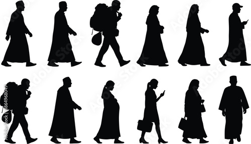 Black silhouette collection of people walking featuring men in traditional robes travelers with backpacks and women with bags for diverse community vector.