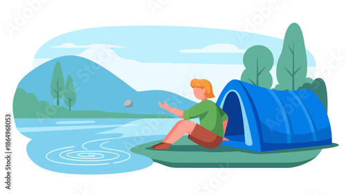 Person Camping By The Lake Enjoying The Outdoors And Recreational Activities