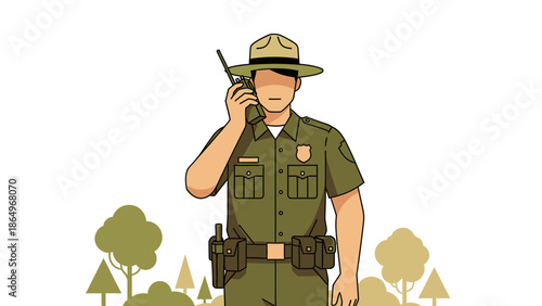 Park Ranger Communicating With Walkie Talkie In Natural Environment Background Illustration