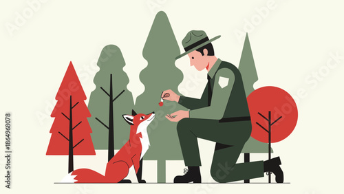 Park Ranger Connecting With a Fox In Nature Flat Illustration Concept
