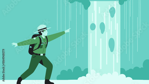 Park Ranger Demonstrating Nature And Beautiful Waterfall Adventure Illustration