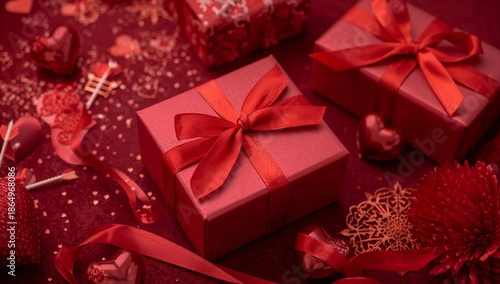 Gifts Arranged on a Table for a Celebration With Red Colors and Decorations