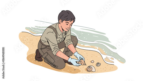 Person Collects Seashells On Sandy Beach Coastline And Wears Gloves For Sanitation