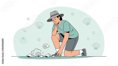 Person Collecting Seashells On The Beach Searching During Summer Vacation Trip