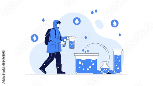 Person Collects And Analyzes The Purity Of Water In Natural Conditions Or Laboratory