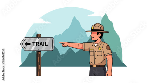 Park Ranger Directing Towards Hiking Trail with Mountain Scenery Behind