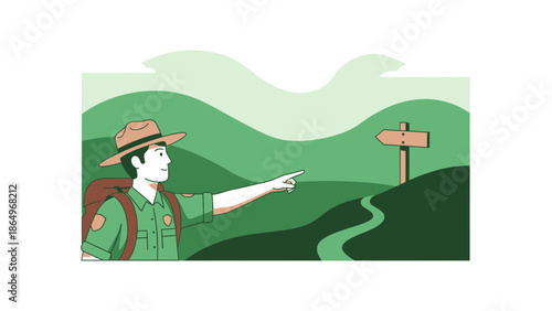 Park Ranger Directing Travelers Through Green Landscape With Directional Sign