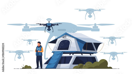 Person Flying Drones Near Vehicle Rooftop Tent For Travel And Recreation