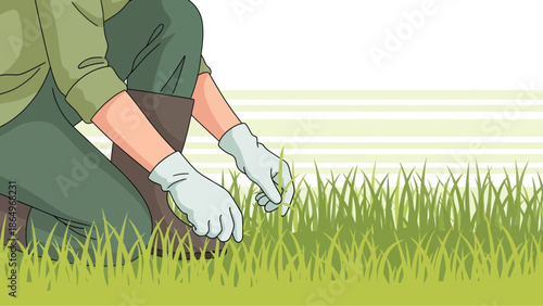 Person Gardening Weeding Grassy Lawn On Knees Wearing Gloves And Boots