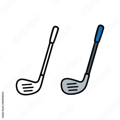 Simple golf club illustration with a colored version and an outline version, clean and minimal style suitable for icons, stickers, sports graphics, kids content, and coloring pages.