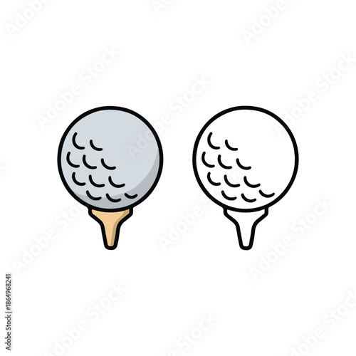 Simple golf ball on tee illustration with a colored version and an outline version, clean and minimal style suitable for icons, stickers, sports graphics, kids content, and coloring pages.