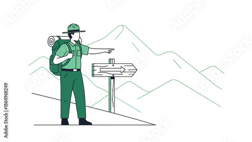 Park Ranger Directs Route on Mountain Trail with Arrow Direction Sign