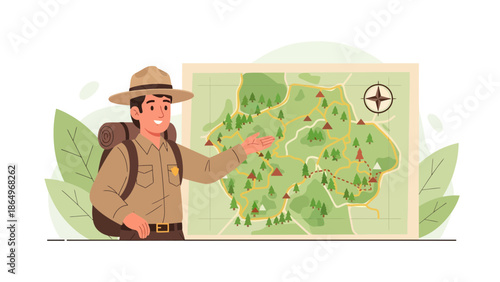 Park Ranger Explaining Forest Trails On Detailed Map For Visitors And Hikers