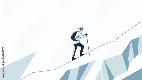 Person Hiking Upward on a Cold Mountain Slope, Winter Adventure Illustration