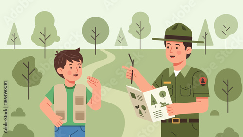 Park Ranger Explaining Nature to a Young Boy in a National Park Setting