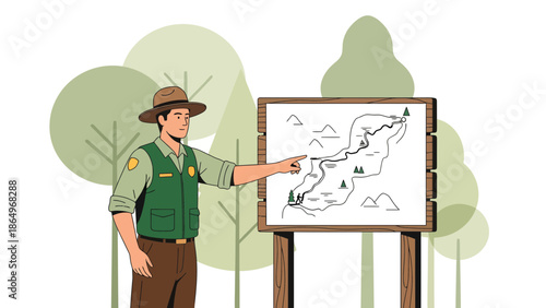 Park Ranger Explaining Trail Map To Visitors In A Forest Scenic Illustration