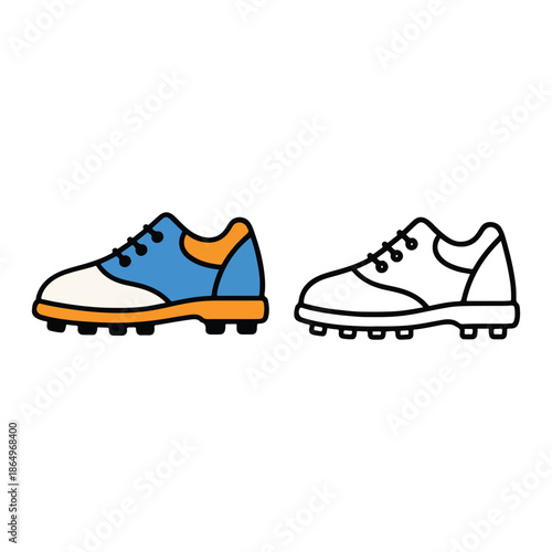 Simple golf shoe illustration with a colored version and an outline version, clean and minimal style suitable for icons, stickers, sports graphics, kids content, and coloring pages.