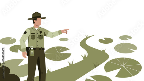 Park Ranger Guiding Visitors Through A Lush Wetland Path Illustration