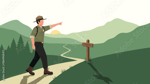 Park Ranger Guiding Visitors Through Scenic Mountain Trail At Sunset