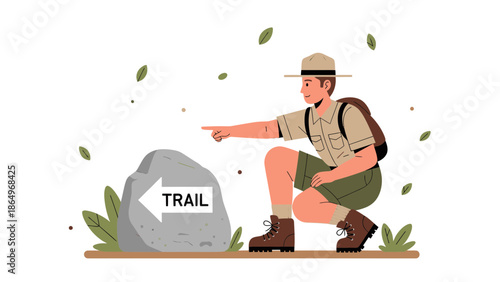Park Ranger Indicates The Hiking Trail Direction Sign Stone Illustration