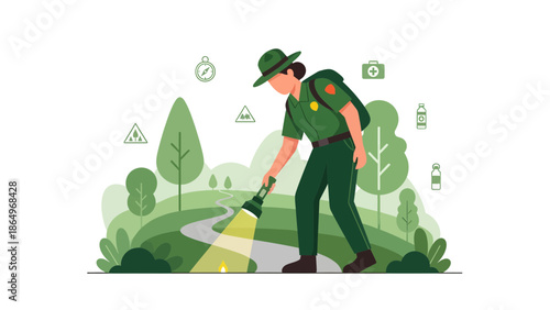 Park Ranger Inspecting Forest Trail With Flashlight During Patrol Duty At Night