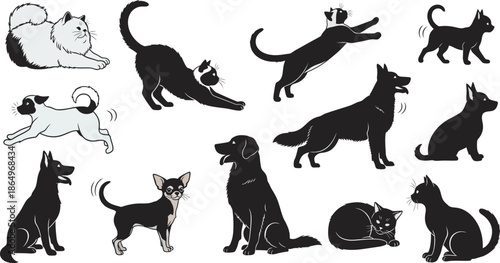 Collection of various dog and cat silhouettes in different poses and breeds