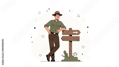 Park Ranger Leans on Wooden Signpost Giving Directions in a Scenic Landscape