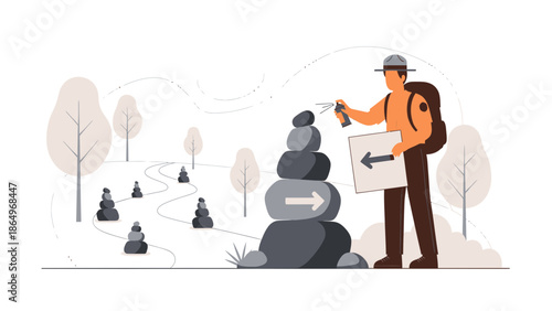 Park Ranger Maintains Trail Markers In Serene Outdoor Landscape Illustration