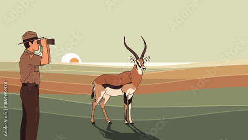 Park Ranger Observing Gazelle in African Savannah Landscape Illustration