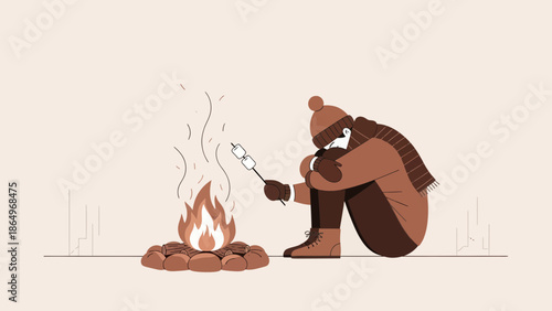 Person Roasting Marshmallows By Campfire During Cold Winter Day Season