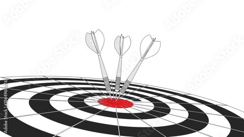 Three perfectly aimed darts confidently striking the vibrant red bullseye of a classic dartboard, symbolizing precision and success.