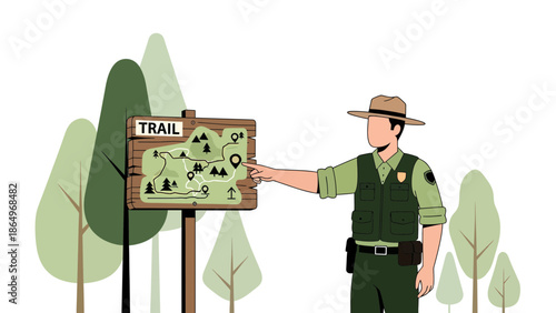 Park Ranger Pointing At Trail Map On Wooden Signboard In Nature
