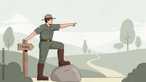 Park Ranger Pointing The Way Along Beautiful Scenic Mountain Trail Landscape