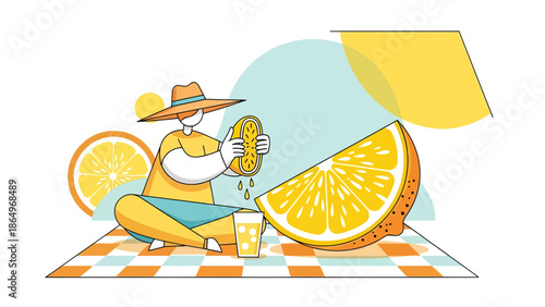 Person Squeezing Orange On Picnic For Juice Preparation And Summertime Relaxation