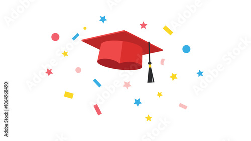 Vibrant red graduation cap gracefully floating amidst a lively explosion of colorful confetti and sparkling stars, celebrating academic achievement.