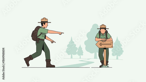 Park Rangers Directing Toward Outdoor Adventures And Providing Guidance On Wilderness Trails