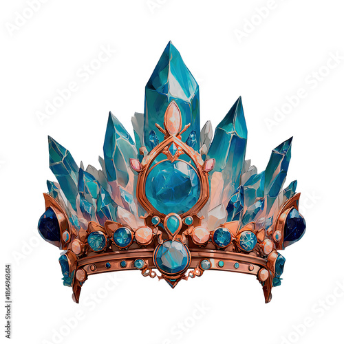 Ice queen crown made of crystal and gold, decorated with blue jewels on transparent background. Fantasy style headwear for fairy tale.