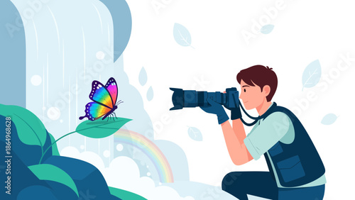 Photographer Capturing Colorful Butterfly Beside A Waterfall And Rainbow Illustration