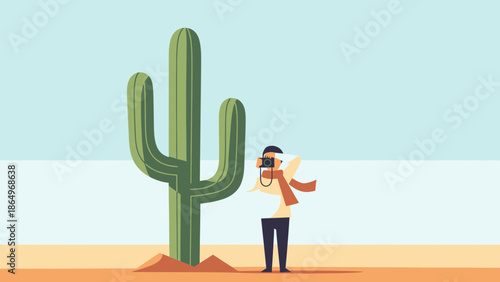 Photographer Capturing Desert Landscape With Cactus Arizona Travel Adventure