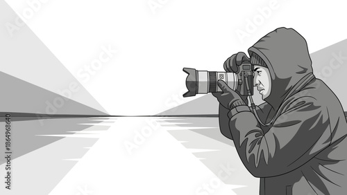 Photographer Capturing Geometric Landscape In Striking Black And White Illustration