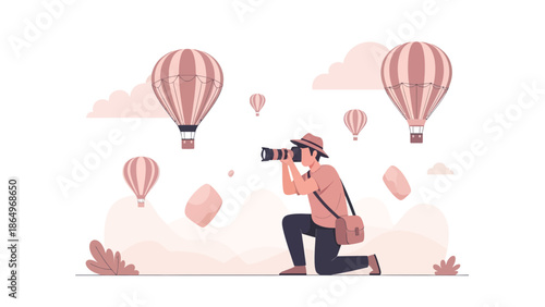 Photographer Capturing Hot Air Balloons In A Dreamy Landscape Illustration