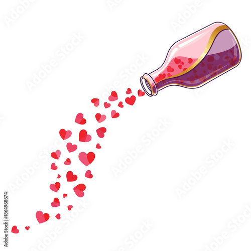Magical Love Potion Bottle Pouring Out Red Hearts - Fantasy Vector Illustration