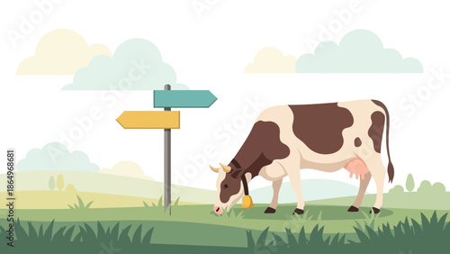 Pastoral Guidance Cow Grazing Beside A Signpost In A Sunny Field Illustration