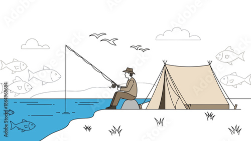 Peaceful Angler Enjoying Lakeside Camping In Nature Illustration Outdoor Leisure Time